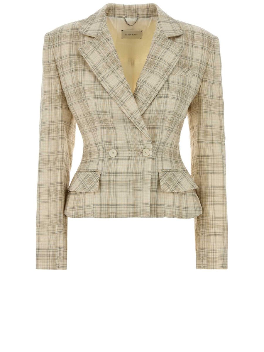 Magda Butrym Short Sleeve Blazer in Cream Check Cotton