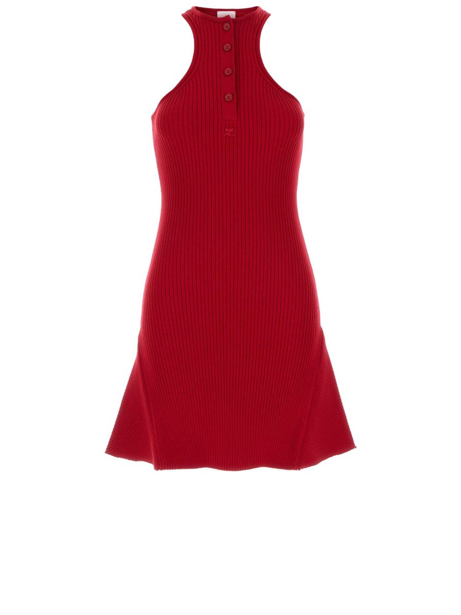 Courreges Scuba Rib Knit Dress in Red Viscose Blend