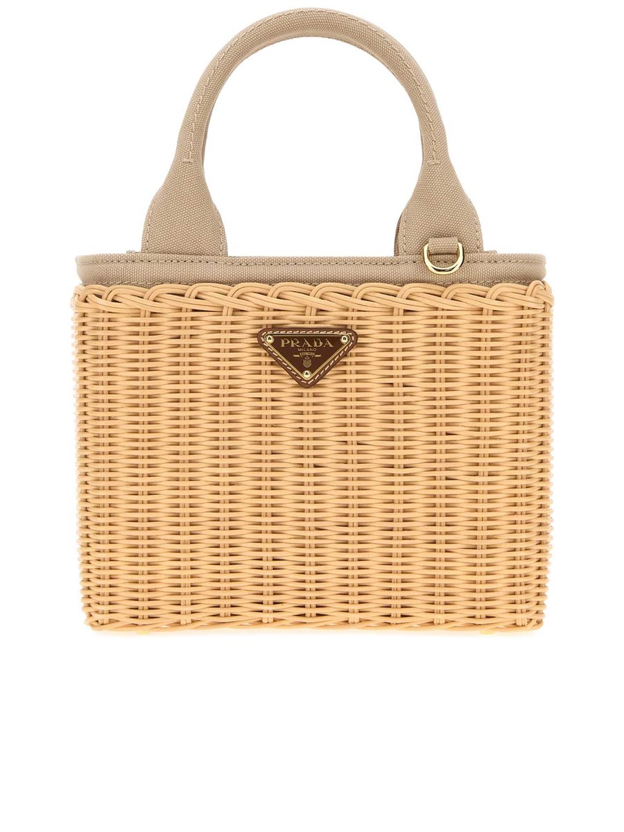 Prada Small Wicker and Canvas Tote Bag