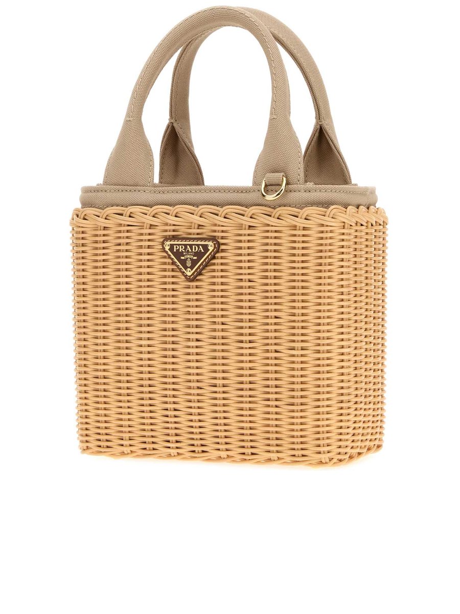 Prada Small Wicker and Canvas Tote Bag