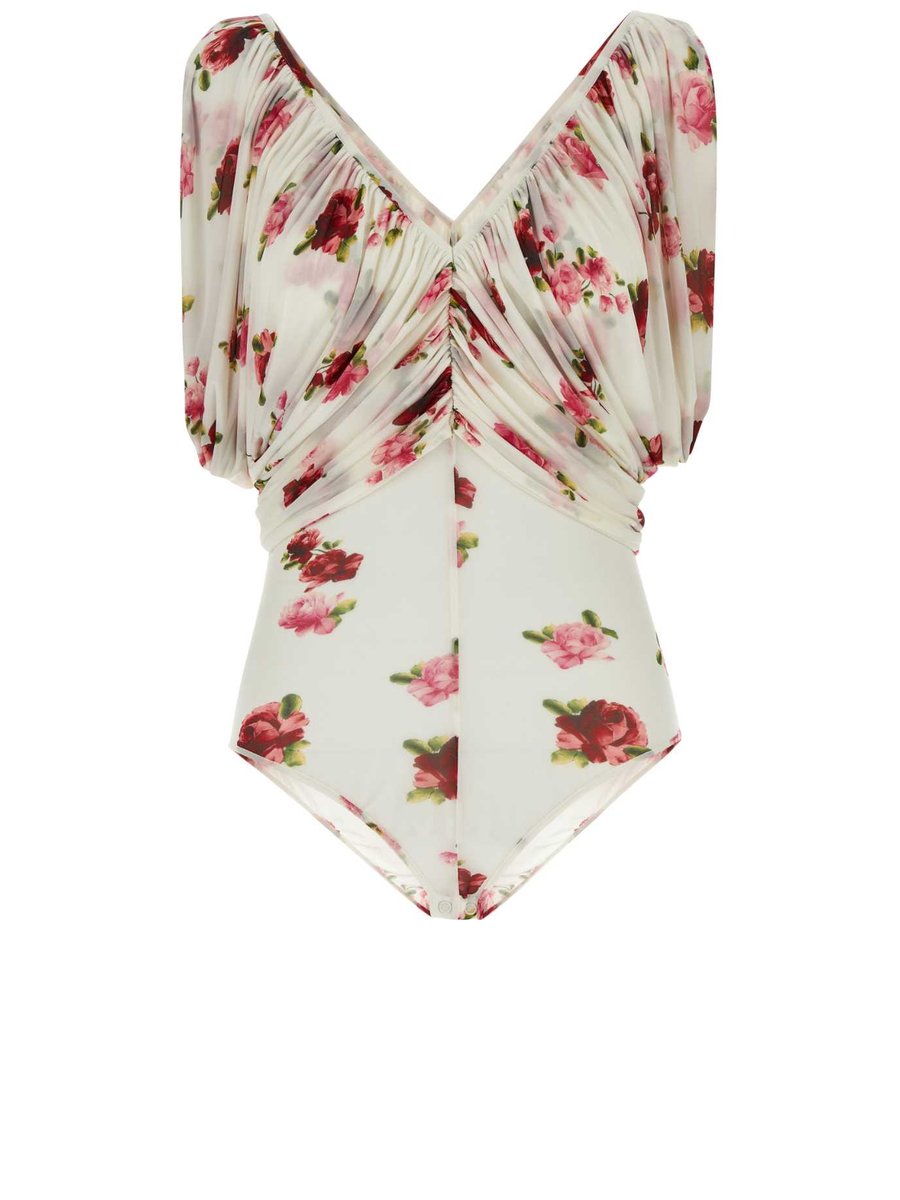 Magda Butrym Floral Print Bodysuit in Cream Cupro