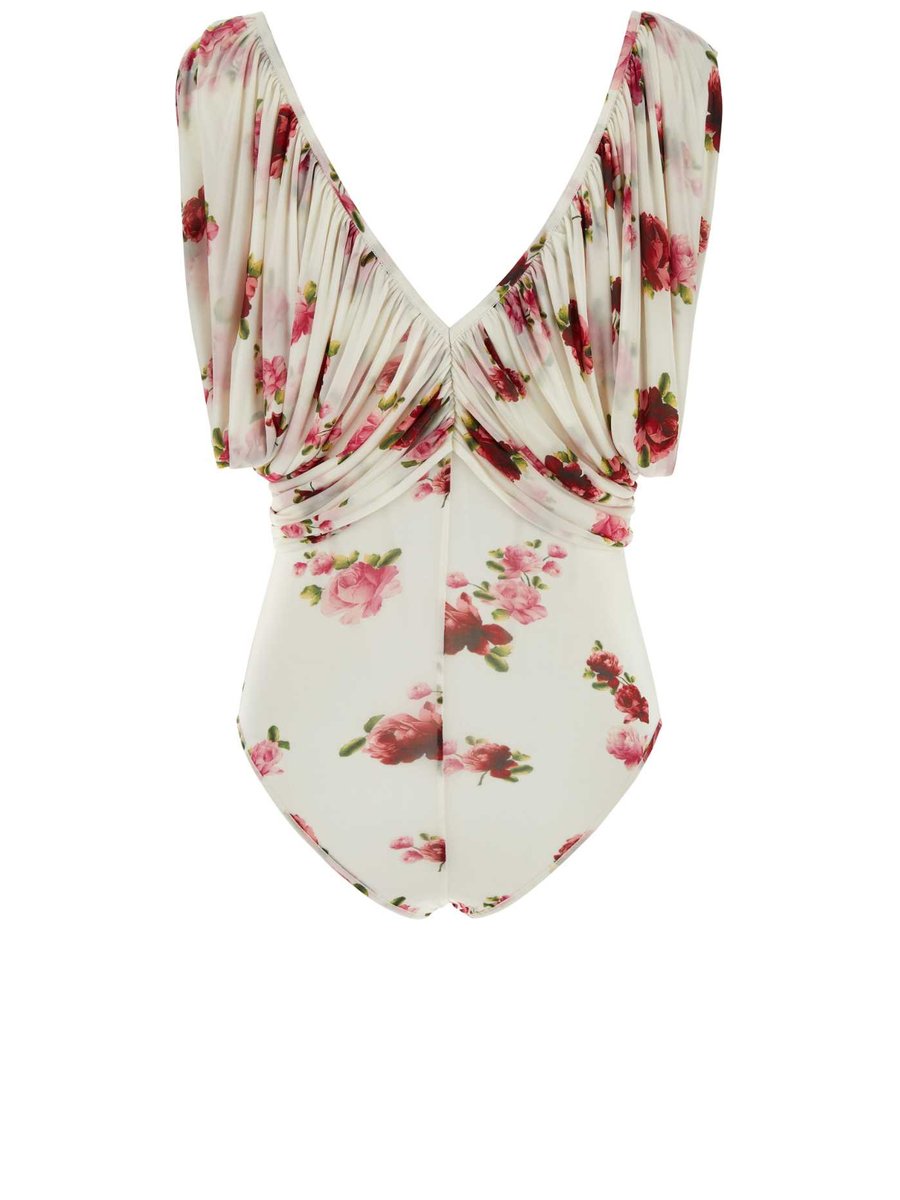 Magda Butrym Floral Print Bodysuit in Cream Cupro