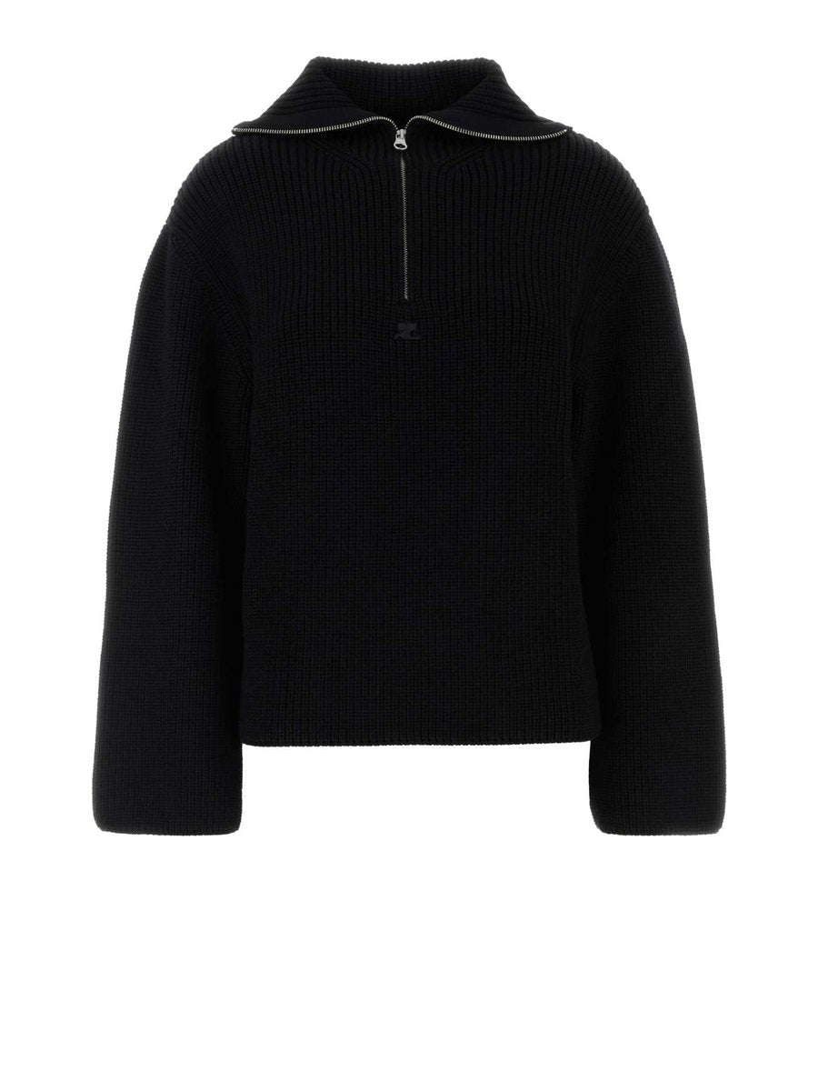 Courreges Ribbed Trucker Sweater in Black Merino Wool