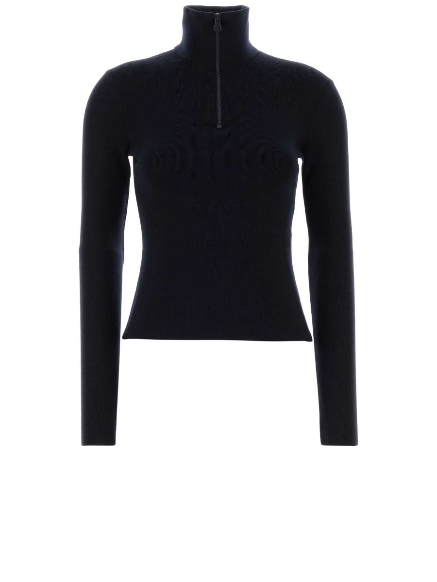Courreges Zipped Mockneck Sweater in Blue Merino Wool