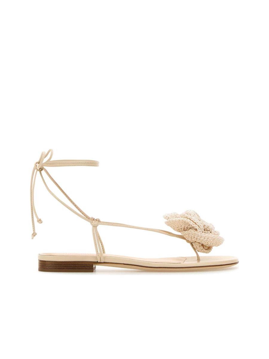 Magda Butrym Wrap Around Flat Flower Sandals in Cream Crochet and Leather