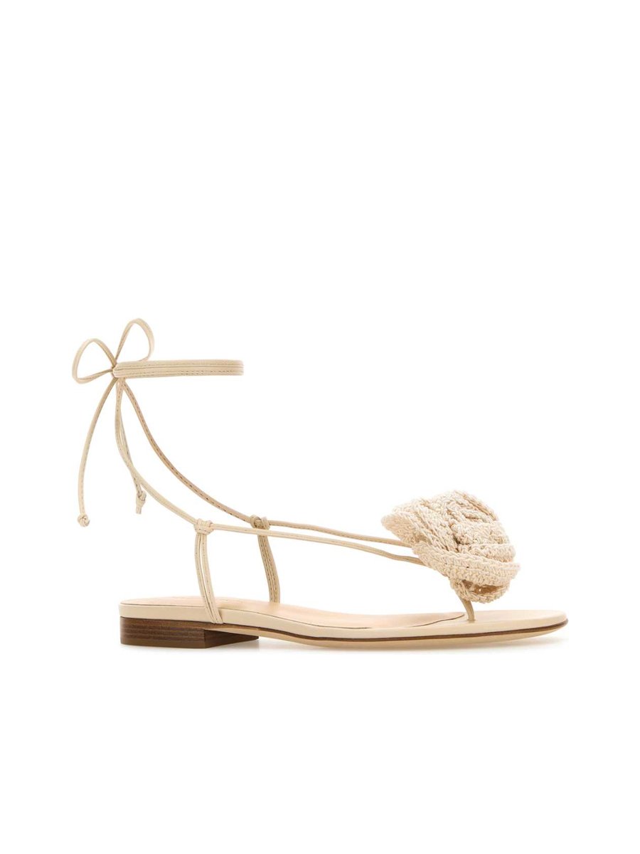 Magda Butrym Wrap Around Flat Flower Sandals in Cream Crochet and Leather