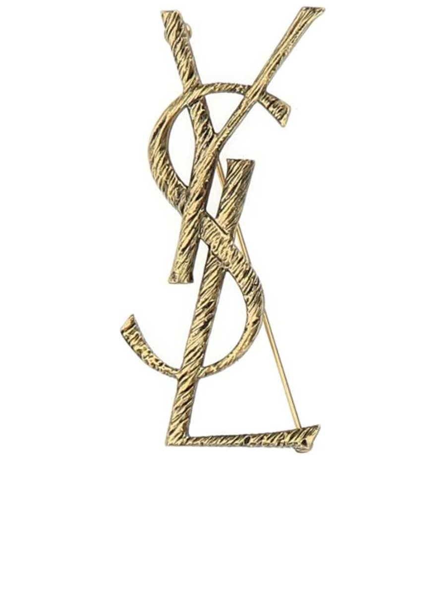 Saint Laurent Monogram Textured Brooch in Gold Brass