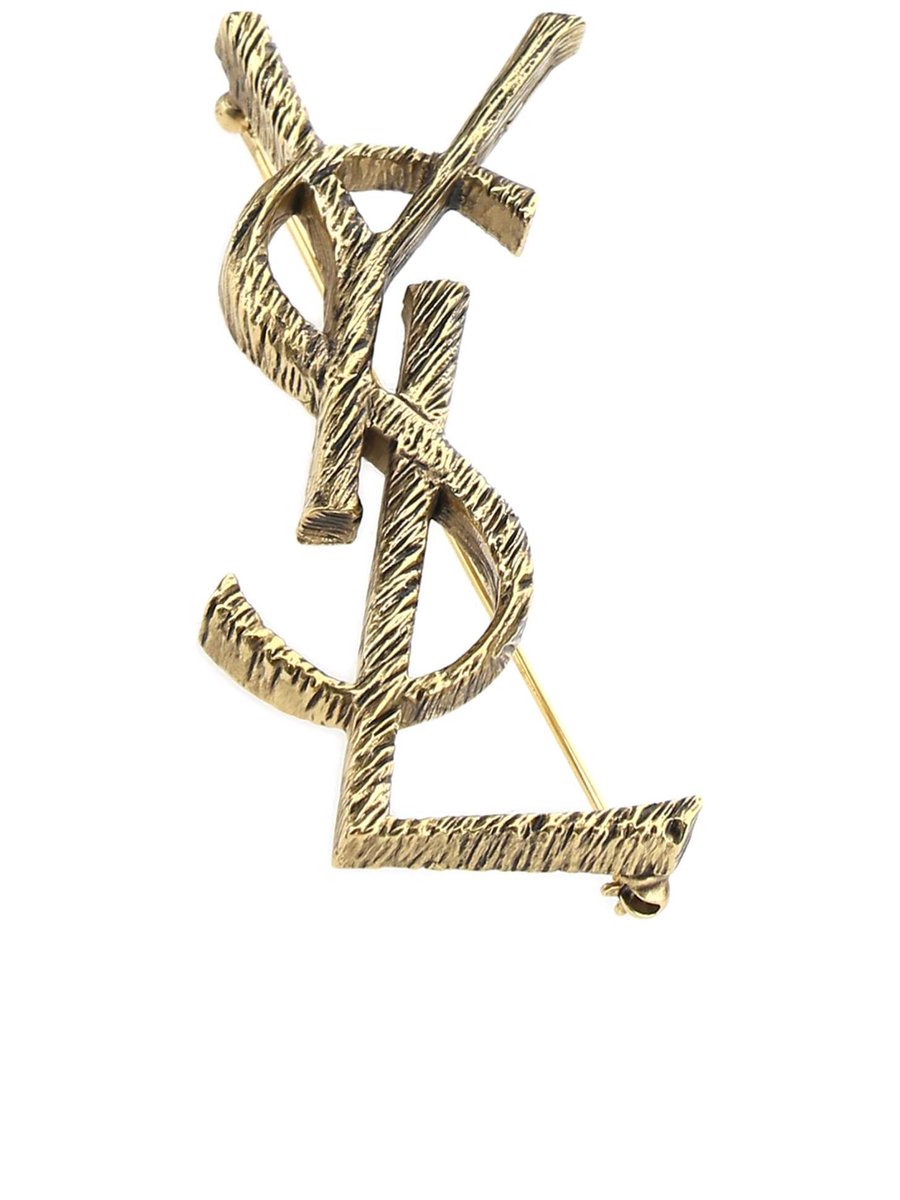 Saint Laurent Monogram Textured Brooch in Gold Brass