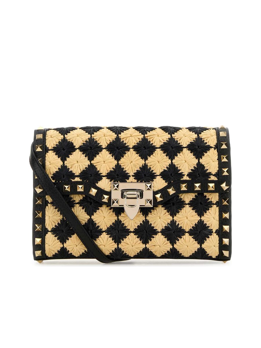 Valentino Garavani Two Tone Small Raffia Rockstud Crossbody Bag