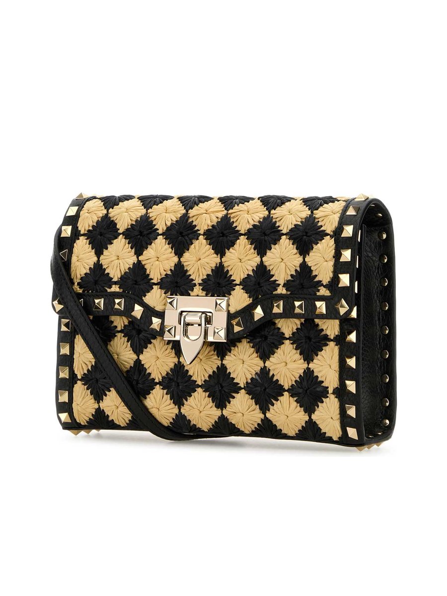 Valentino Garavani Two Tone Small Raffia Rockstud Crossbody Bag