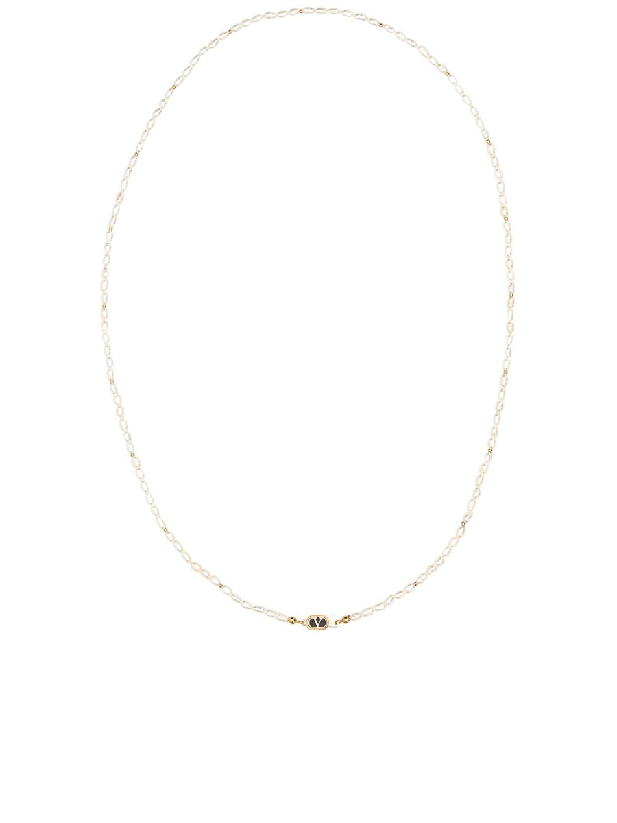 Valentino L Ovalett Necklace in White Pearls and Golden Metal