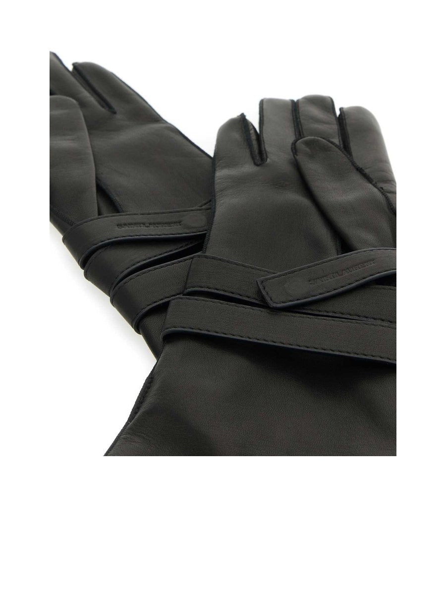 Saint Laurent Aviator Gloves with Straps in Black Lambskin