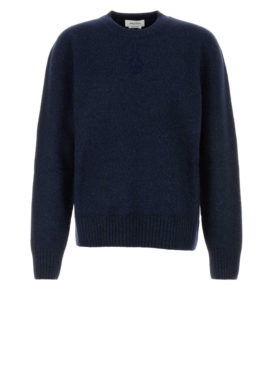 Alexander McQueen Crew Neck Long Sleeve Sweater in Blue Wool