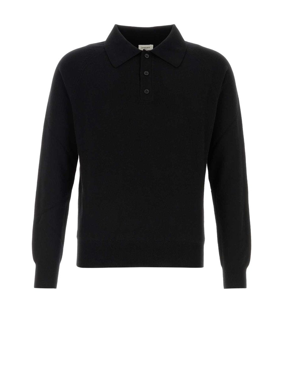 Saint Laurent Loose Long Sleeve Polo in Black Wool