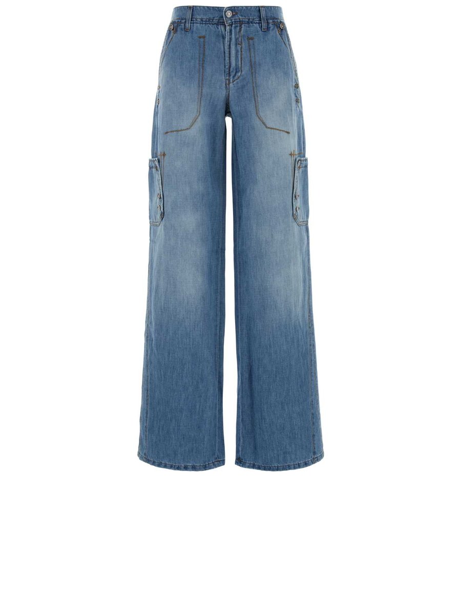 Ermanno Scervino Cargo Jeans in Light Blue Cotton and Linen