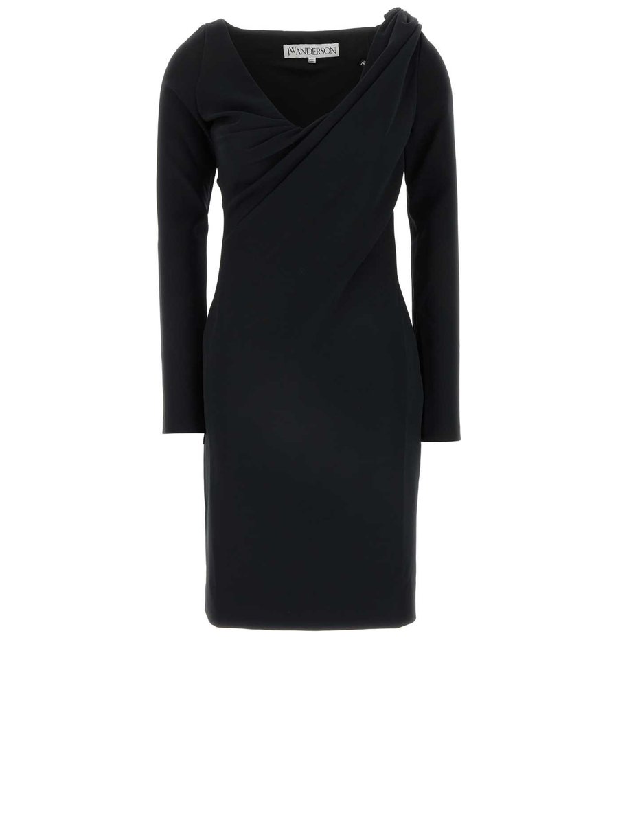 JW Anderson Shoulder Drape V-Neck Dress in Black Polyester Blend