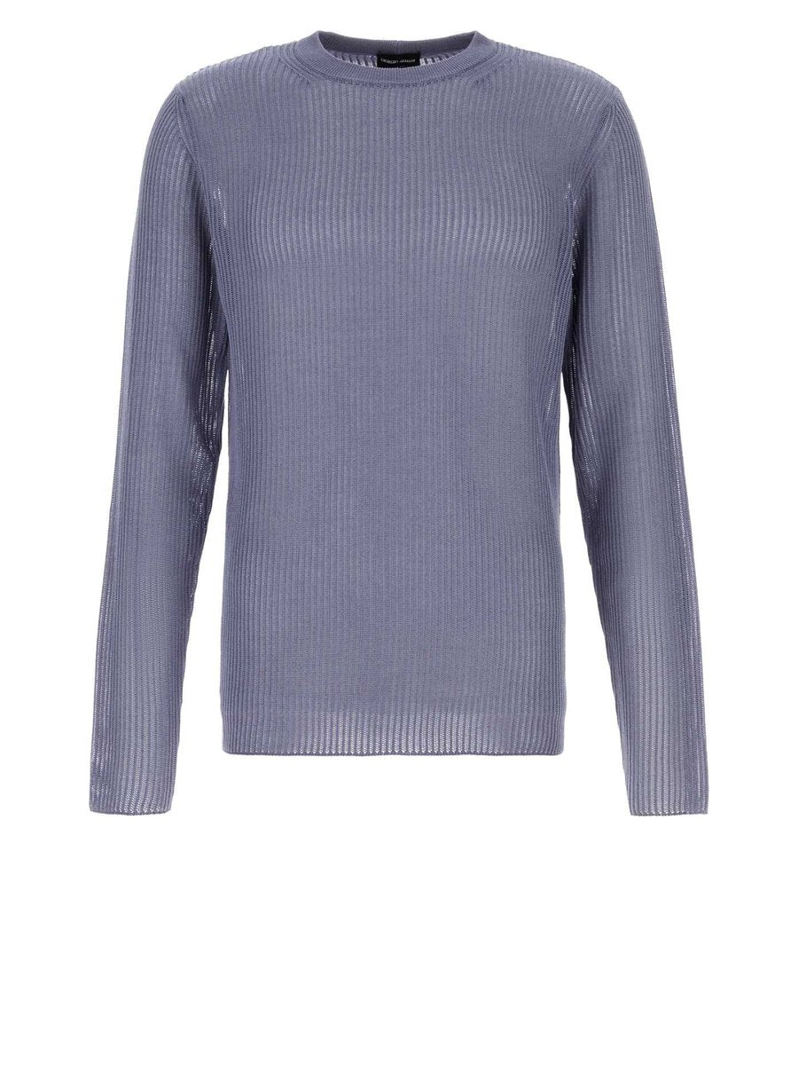 Giorgio Armani Ribbed Knit Sweater in Light Blue Silk Cotton