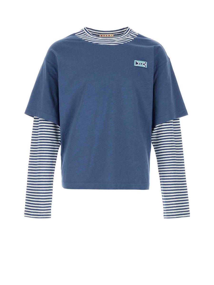 Marni T-Shirt in Light Blue Linen and Cotton