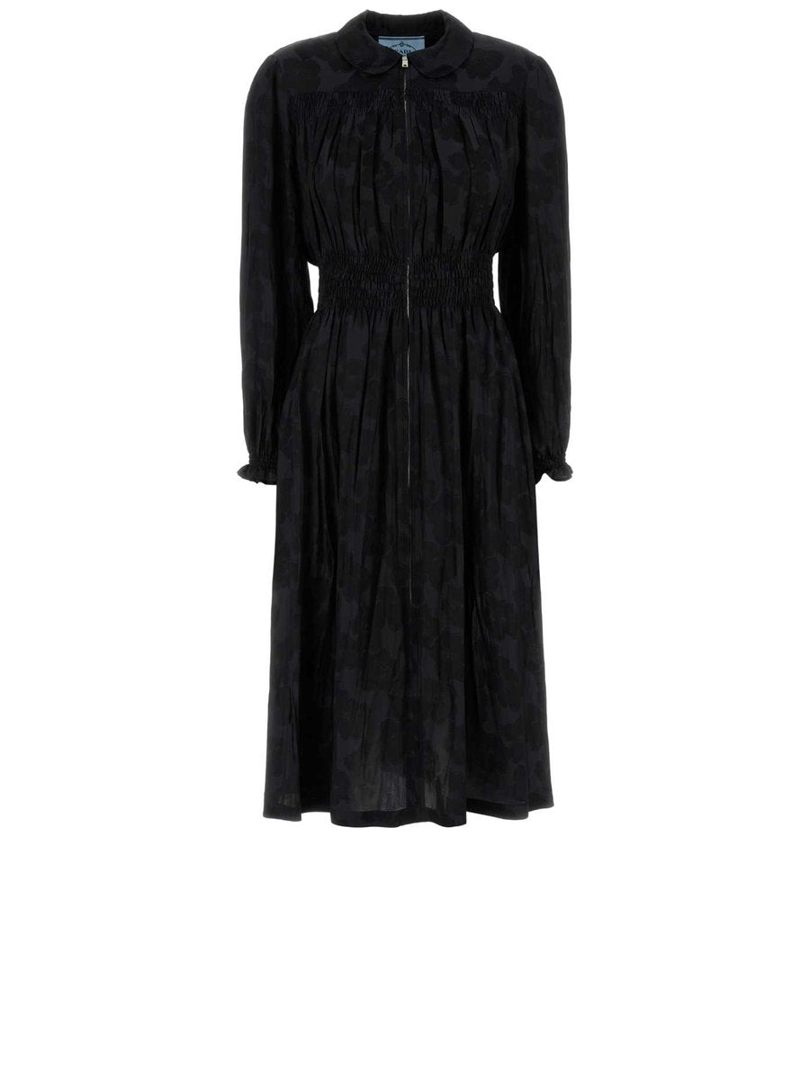 prada printed silk dress Prada Printed Crpe de Chine Dress, Women, Cloudy Gray/black, Size 38