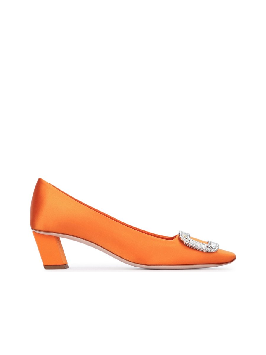 Roger Vivier Belle Vivier Buckle Strass T-Strap Pumps in Light Orange Viscose-Silk Blend