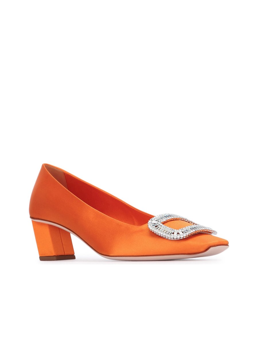 Roger Vivier Belle Vivier Buckle Strass T-Strap Pumps in Light Orange Viscose-Silk Blend