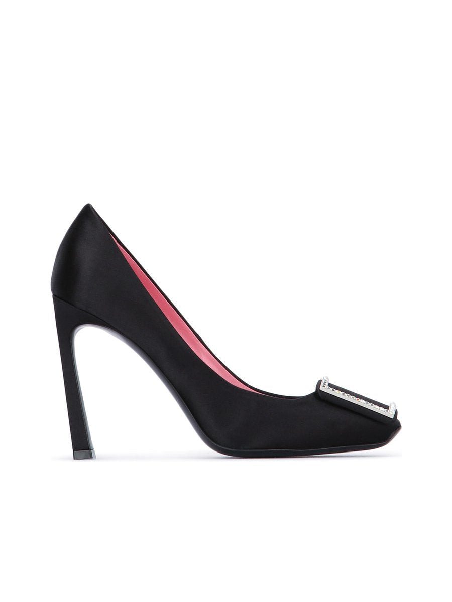 Roger Vivier Trompette Strass Buckle Décollété in Black Calfskin