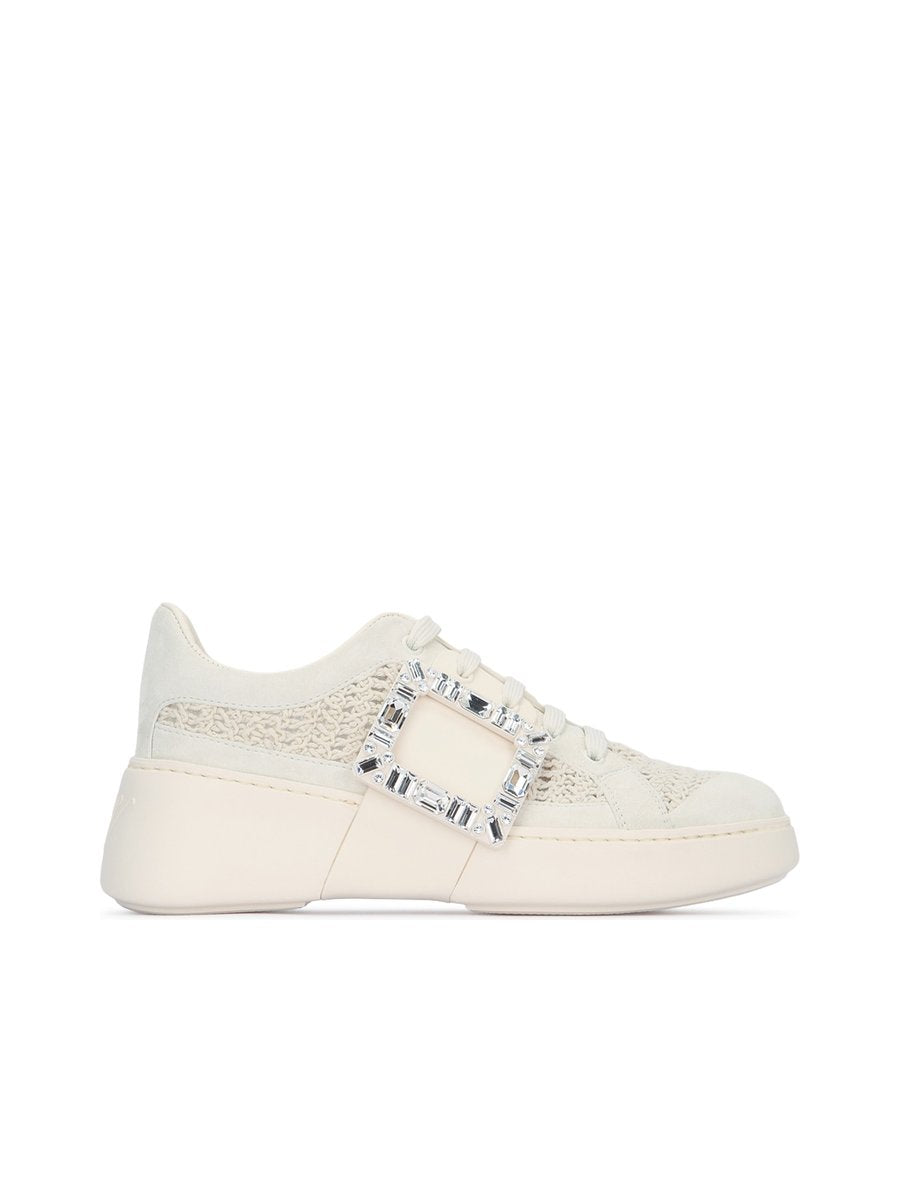 Roger Vivier Viv Skate Strass Buckle Mesh Sneakers in White Leather
