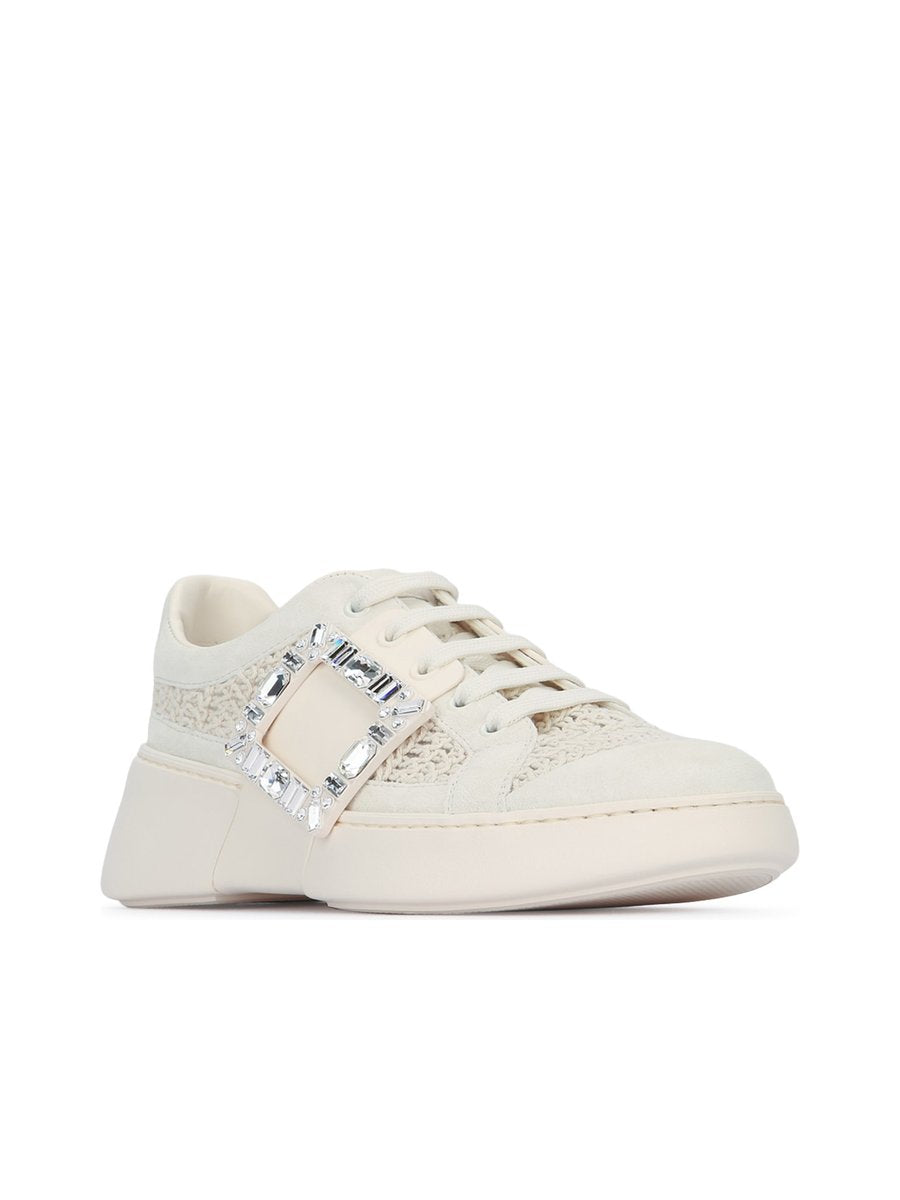 Roger Vivier Viv Skate Strass Buckle Mesh Sneakers in White Leather