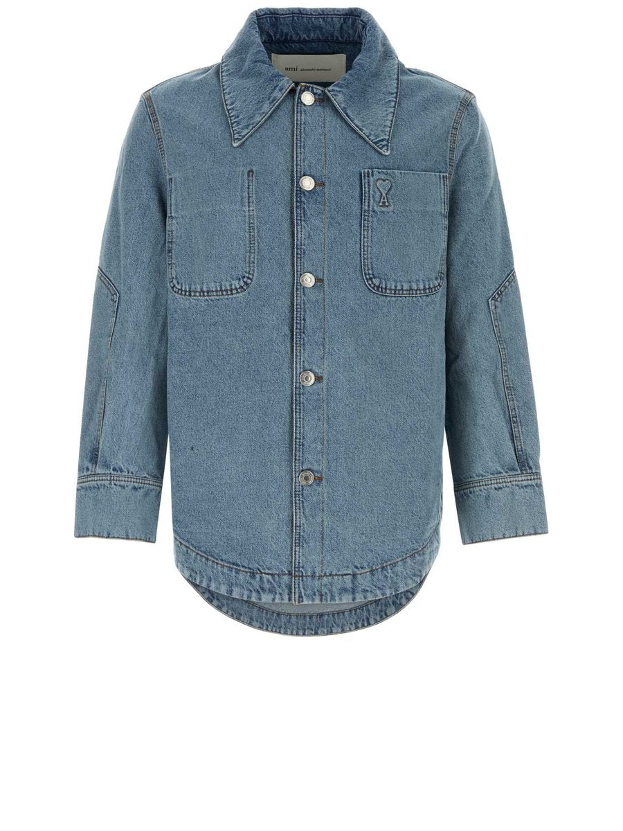 Ami Embossed Ami De Coeur Worker Overshirt in Blue Cotton