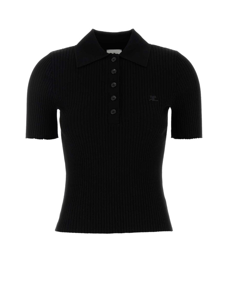Courreges Signature Rib Knit Polo in Black Viscose Blend
